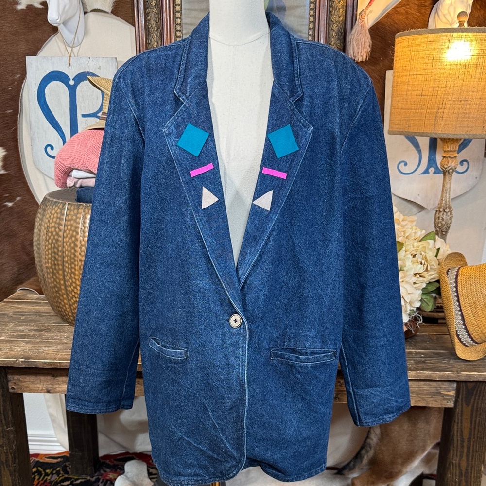 Vintage 80s Hunt Club Dark Blue Denim Blazer with Teal & Pink Accents